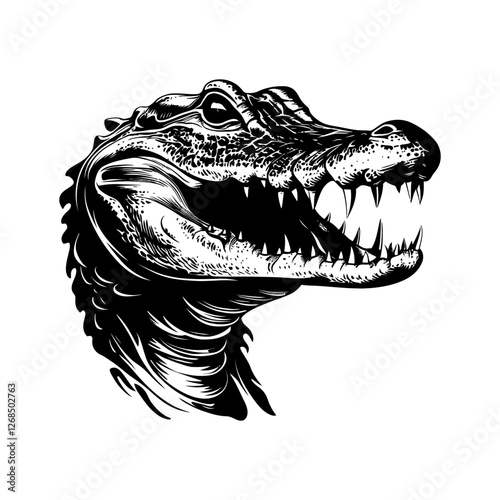 Crocodile head isolated on white background with sharp teeth, reptile features, and a fierce predator look