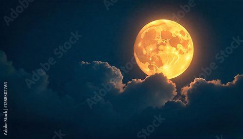 Beautiful Full Moon Shining in Night Sky Above Endless Clouds - 3D Animation
