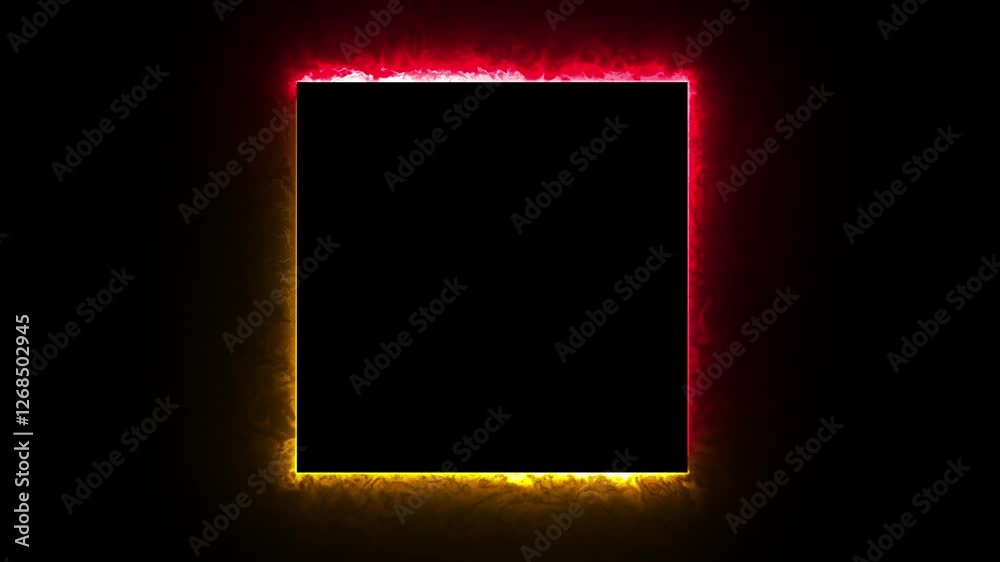 Glowing red yellow neon square border with laser effect – illuminated abstract background for nightclub display and advertisement