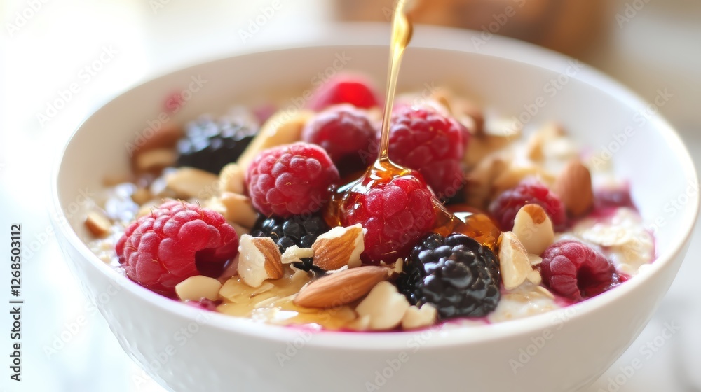 A bowl of oatmeal topped with fresh berries and crunchy nuts for a healthy start. A bowl of oatmeal topped with fresh berries and crunchy nuts for a healthy start.
