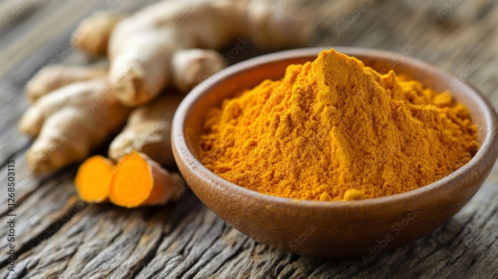 A bowl of turmeric powder with fresh ginger roots beside it, symbolizing the connection between these two powerful spices for health and well-being. The background is simple to highlight the focus on A bowl of turmeric powder with fresh ginger roots beside it, symbolizing the connection between these two powerful spices for health and well-being. The background is simple to highlight the focus on