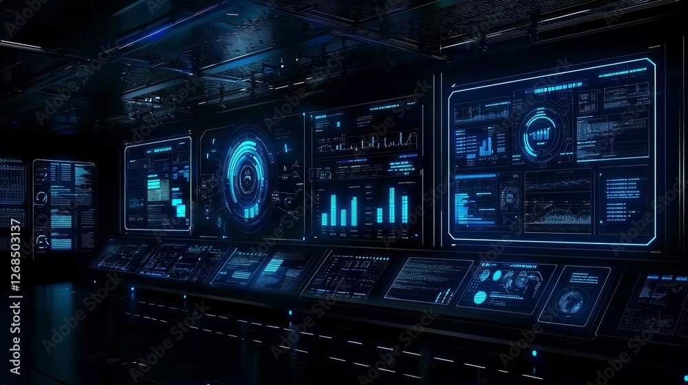 Fototapeta premium Futuristic Control Room with Advanced Digital Interfaces and Data Visualization