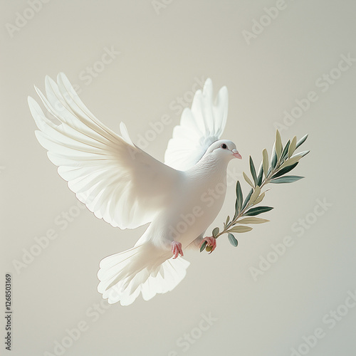white dove in flight, holding olive branch, symbolizes peace and hope. soft background enhances delicate features of bird, creating serene atmosphere