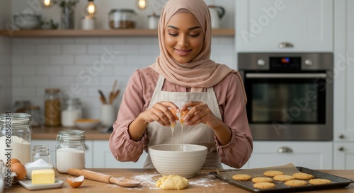 A woman wearing a pink top and a beige apron is cracking an egg over a mixing bowl filled with batter baking ingredients are nearby