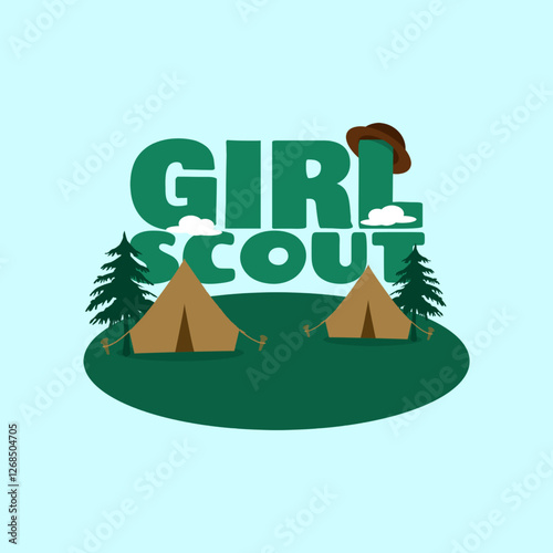 National Girl Scout Day to celebrate on March 12th. Illustration of a camping site with tents and trees and bold text with a scout hat on a sky blue background.
