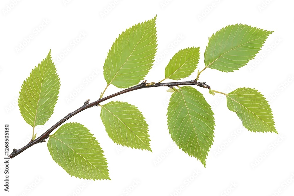 Branch with green leaves isolated on white background. Flat lay, top view. Branch with green leaves isolated on white background. Flat lay, top view.