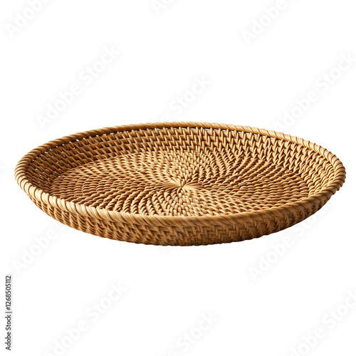 A handcrafted rattan plate showcases intricate weaving and a natural texture. Its warm tones and circular design create an elegant appeal