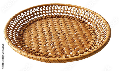 A handcrafted rattan plate showcases intricate weaving and a natural texture. Its warm tones and circular design create an elegant appeal