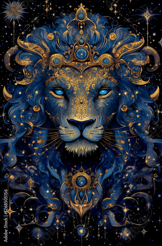 A blue lion with gold accents and a crown on its head. The lion is surrounded by stars and has a blue eye. The image has a dreamy, mystical feel to it