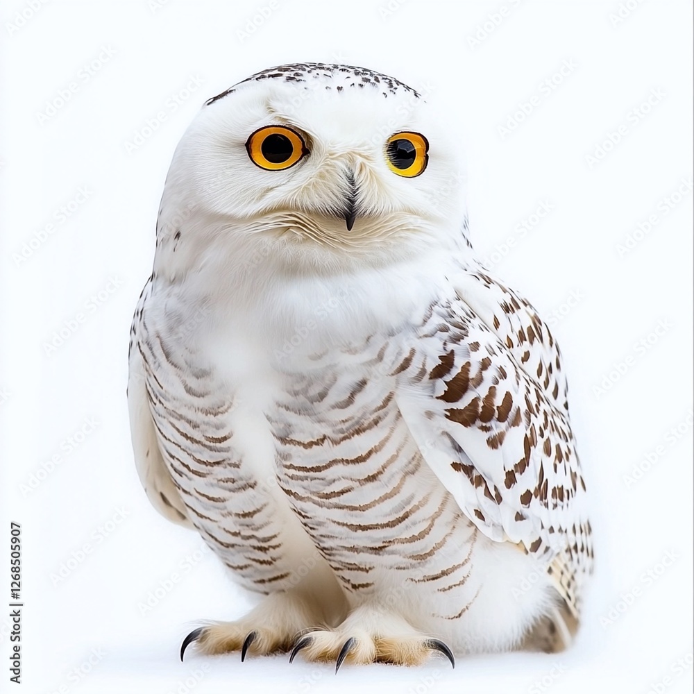 Snowy owl with yellow eyes isolated on a white background in sharp focus Snowy owl with yellow eyes isolated on a white background in sharp focus
