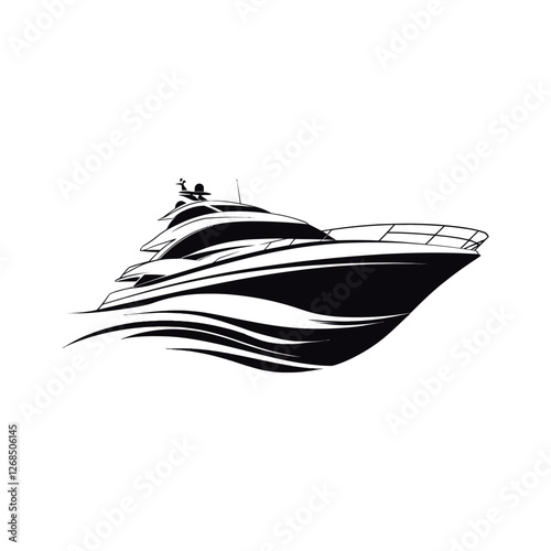 Black and White Yacht Icon Vector Illustration on Water