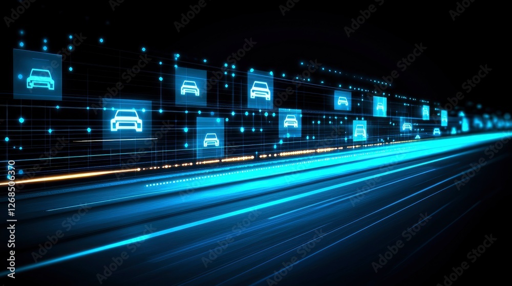 Fototapeta premium Futuristic Highway with Digital Car Icons Representing Autonomous Vehicle Technology and