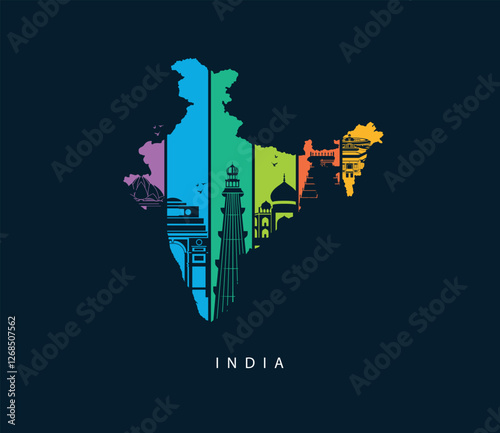 Explore india. indian map. modern skyscrapers in india illustration. World tourism day