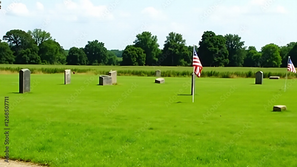 Obraz premium A green field with markers and flags from a historical battle. Natural lighting highlights the historical and serene atmosphere.