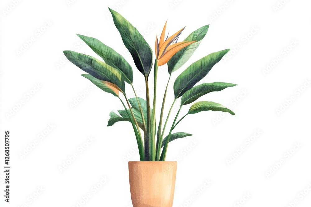 Bird of paradise plant, pot, studio, white background, home decor Bird of paradise plant, pot, studio, white background, home decor