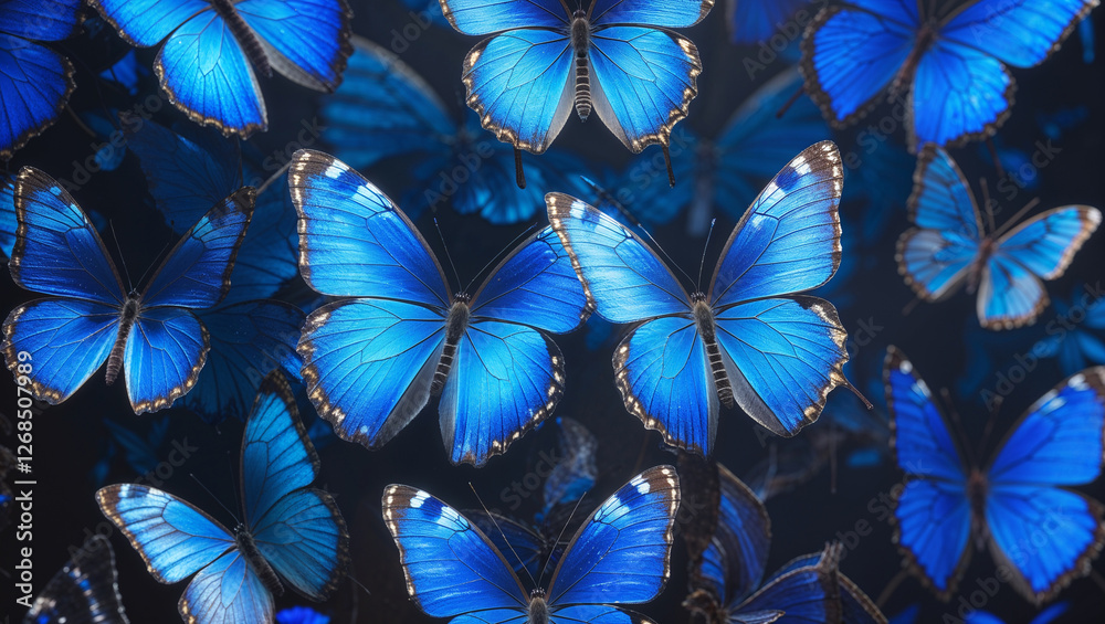 Group of vibrant blue butterflies with glowing wings in fantasy dreamlike setting Group of vibrant blue butterflies with glowing wings in fantasy dreamlike setting