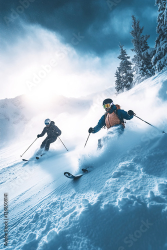 Fast skiers racing down snowy mountain slope in winter landscape