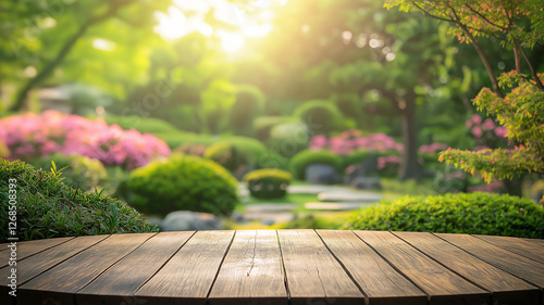 Wooden table top with blurred Japanese garden.