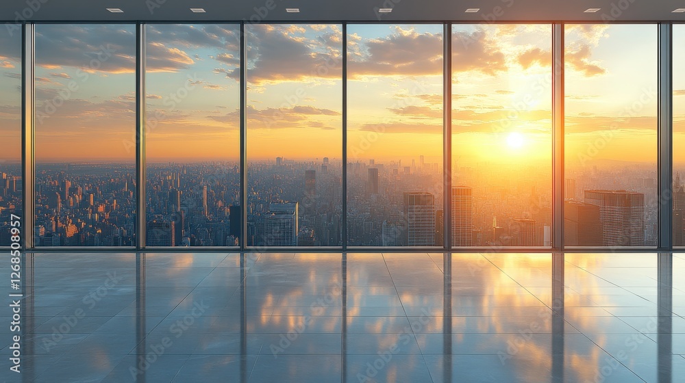 Fototapeta premium Modern Office Space with Scenic City View during Beautiful Sunset