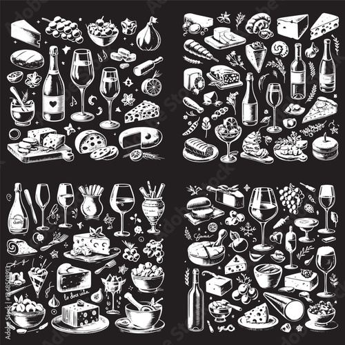 chalk food vector illustrations. wedding dinner icons, wine or champagne glass, cheese, and charcuterie drawings for wedding invitations, cafe menus, and parties.