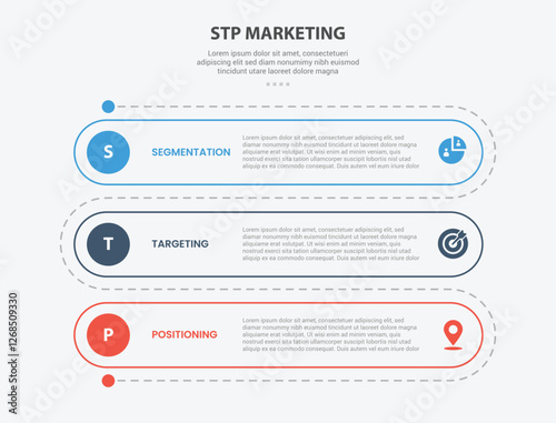 STP marketing infographic outline style with 3 point template with round rectangle vertical roadway for slide presentation