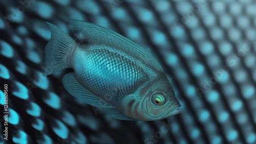the white fish is looking to its right in the blue ocean with black corals photo