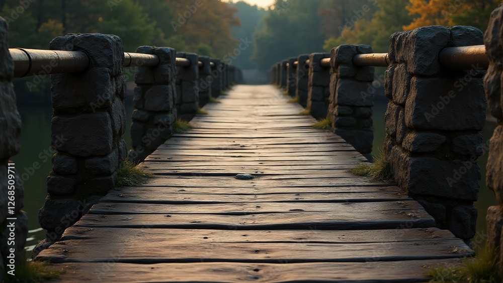 Obraz premium An old bridge over a historical river with trees. Soft lighting highlights the historical and picturesque nature of the bridge.