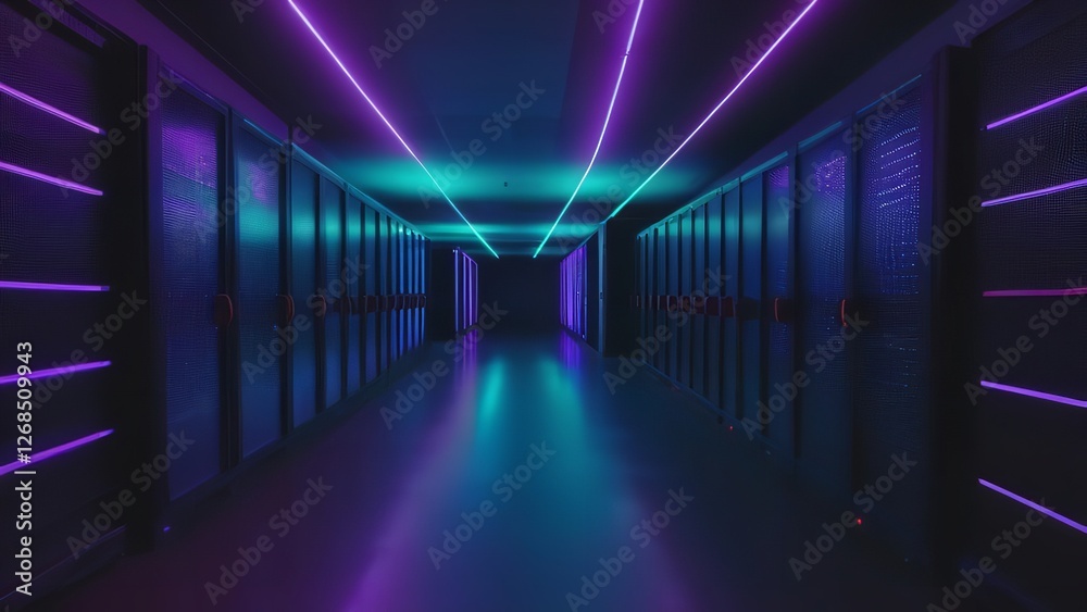 Fototapeta premium some blue and purple walls with windows and lights on them that are lit by neon lights