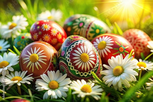 Decorated Easter Eggs in Grass with Daisies - Spring Holiday Photo photo