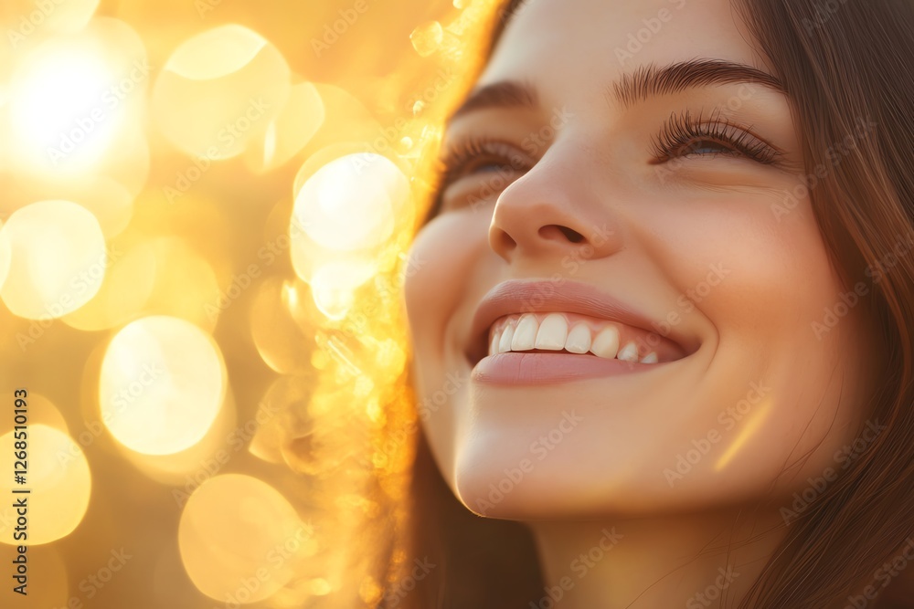 Fototapeta premium Close-up of a woman smiling with radiant skin joyful expression warm golden lighting healthy skincare beauty concept