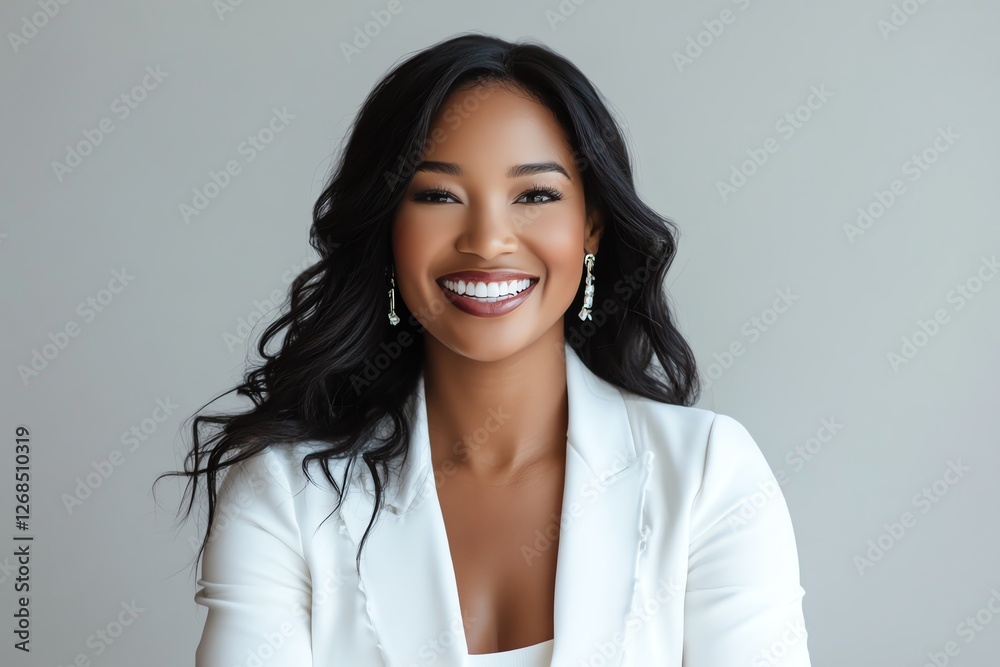 Confident woman with bright smile wearing a white outfit soft even lighting joyful and professional studio portrait Confident woman with bright smile wearing a white outfit soft even lighting joyful and professional studio portrait