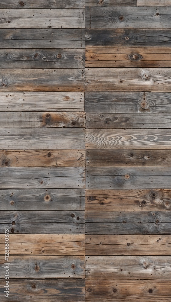 The planks are weathered, showcasing a variety of gray and brown tones, with visible grain patterns and knots. The texture is rough, indicating age and exposure to the elements. The planks are weathered, showcasing a variety of gray and brown tones, with visible grain patterns and knots. The texture is rough, indicating age and exposure to the elements.