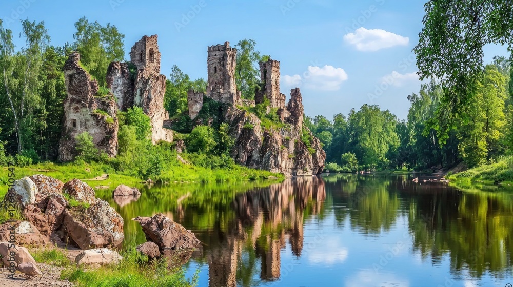 Ruined castle by a reflecting river, serene forest background Ruined castle by a reflecting river, serene forest background