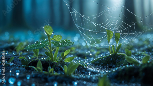 Close up of dewdrops on spider web among green plants in morning light