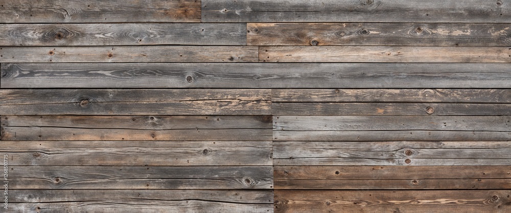 The planks are weathered, showcasing a variety of gray and brown tones, with visible grain patterns and knots. The texture is rough, indicating age and exposure to the elements. The planks are weathered, showcasing a variety of gray and brown tones, with visible grain patterns and knots. The texture is rough, indicating age and exposure to the elements.