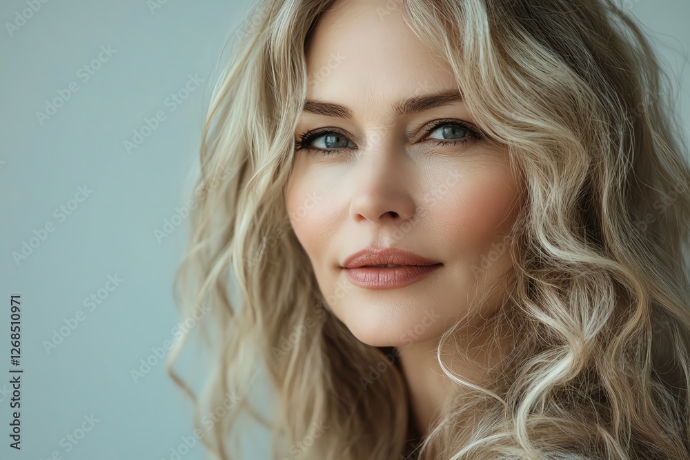 Elegant mature woman with soft waves in her blonde hair confident expression neutral background sophisticated and graceful beauty Elegant mature woman with soft waves in her blonde hair confident expression neutral background sophisticated and graceful beauty
