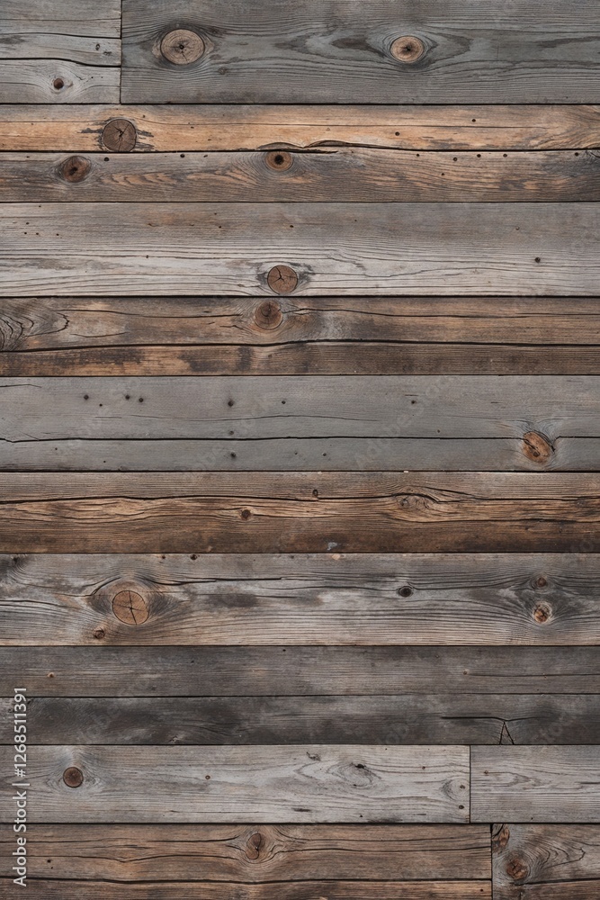 The planks are weathered, showcasing a variety of gray and brown tones, with visible grain patterns and knots. The texture is rough, indicating age and exposure to the elements. 