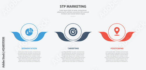 STP marketing infographic outline style with 3 point template with big circle and flower leaf accessories at bottom for slide presentation