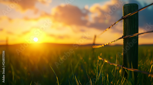 Sunset Over a Green Field with a Wire Fence