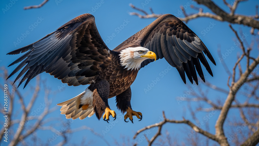 Obraz premium Bald eagle in mid flight with wings wide open and focused gaze