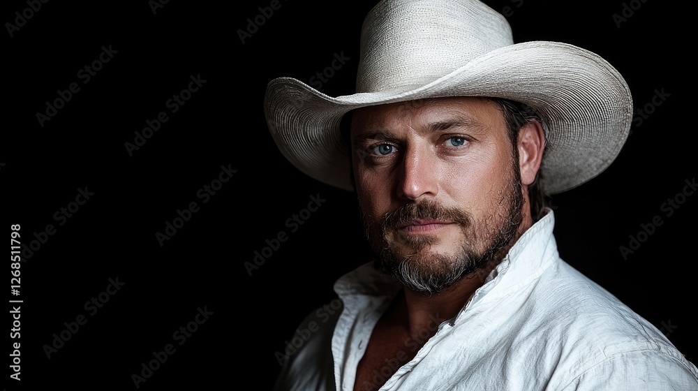 Man in cowboy hat, portrait against black background. Possible use stock photo for western, fashion, or historical themes Man in cowboy hat, portrait against black background. Possible use stock photo for western, fashion, or historical themes