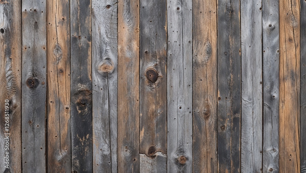 The planks are weathered, showcasing a variety of gray and brown tones, with visible grain patterns and knots. The texture is rough, indicating age and exposure to the elements. The planks are weathered, showcasing a variety of gray and brown tones, with visible grain patterns and knots. The texture is rough, indicating age and exposure to the elements.