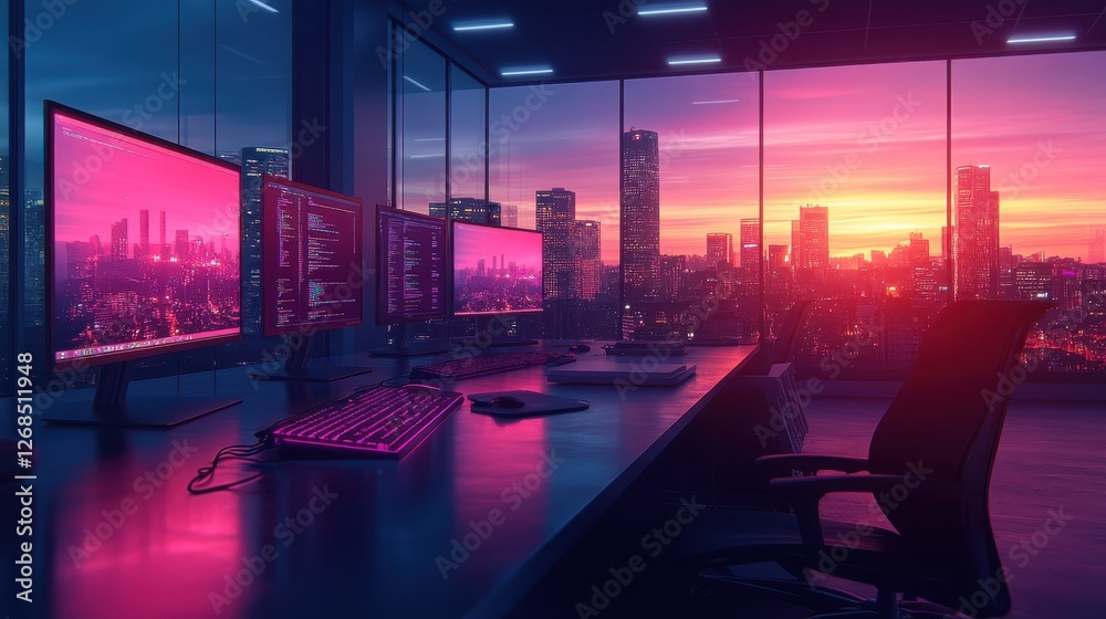 Obraz premium Modern Office Workspace with Dual Monitors and City Sunset View