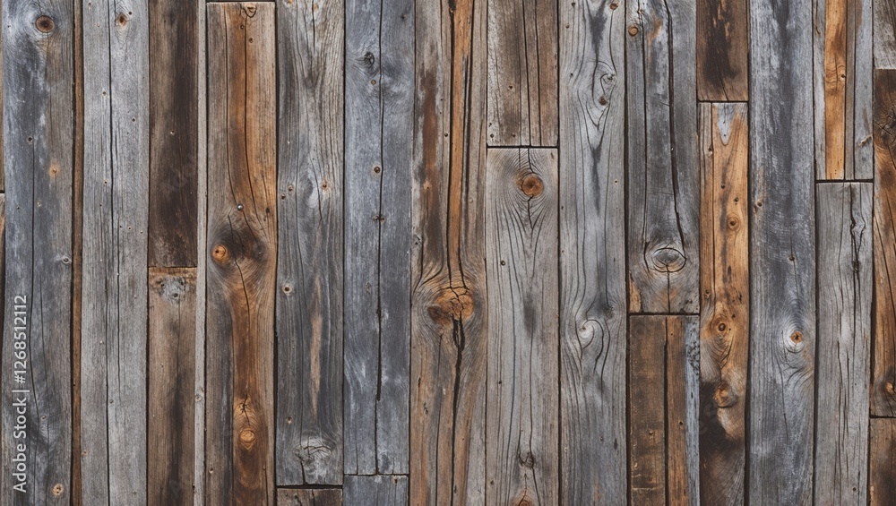 The planks are weathered, showcasing a variety of gray and brown tones, with visible grain patterns and knots. The texture is rough, indicating age and exposure to the elements. The planks are weathered, showcasing a variety of gray and brown tones, with visible grain patterns and knots. The texture is rough, indicating age and exposure to the elements.