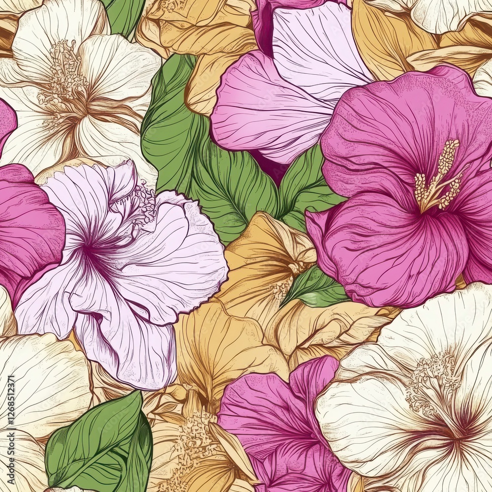 custom made wallpaper toronto digitalPink Purple Cream Hibiscus Flower Seamless Pattern Detailed Line Art