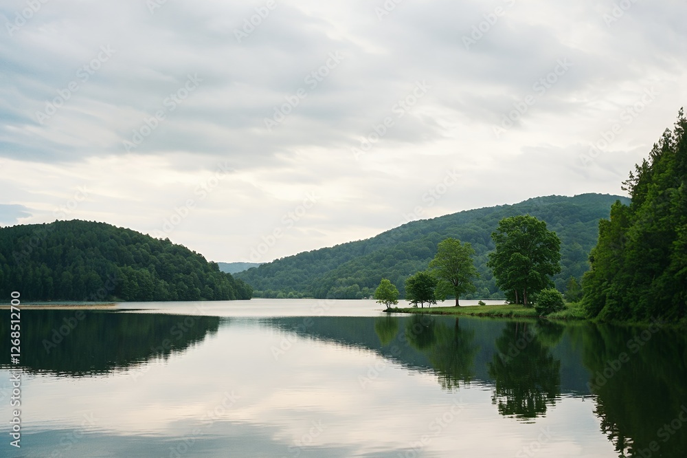 Tranquil lake reflecting hillside trees under a cloudy sky, creating a serene natural landscape. Tranquil lake reflecting hillside trees under a cloudy sky, creating a serene natural landscape.