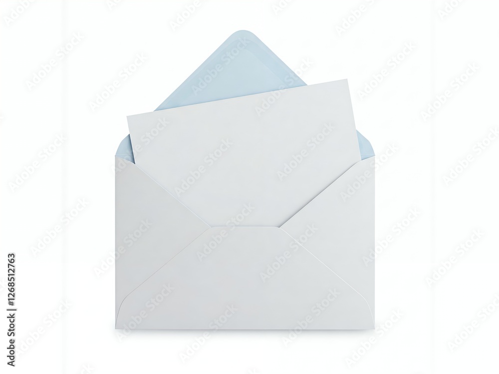 An open white envelope reveals a blank card with a light blue inner lining, inviting correspondence or messages. An open white envelope reveals a blank card with a light blue inner lining, inviting correspondence or messages.