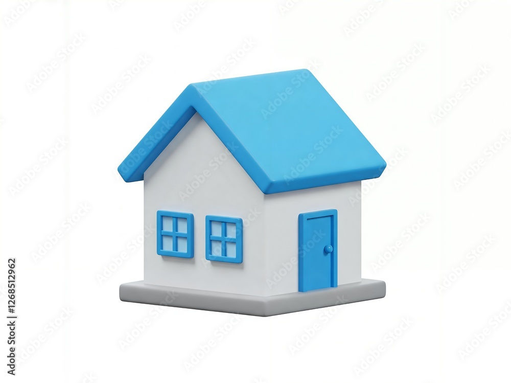 A simple 3D model of a house with a blue roof, white walls, blue window frames, and a matching front door on a gray base. A simple 3D model of a house with a blue roof, white walls, blue window frames, and a matching front door on a gray base.