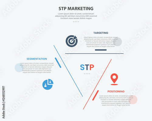 STP marketing infographic outline style with 3 point template with creative triangle shape on center for cycle circular content for slide presentation
