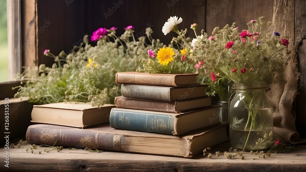Fototapeta premium Old Books with Wildflowers, Vintage Aesthetic Blending Literature and Nature in a Rustic, Timeless Setting